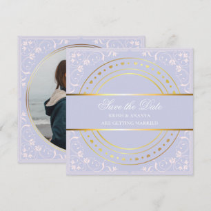 Invitación Guardar la fecha, Pastel Morado y Boda de Oro Inv