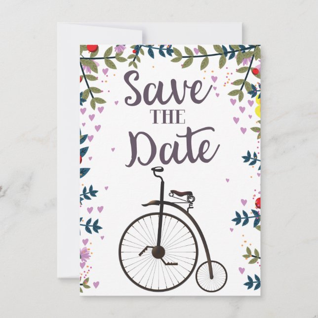 Invitación Guardar la fecha Penny Farthing (Reverso)