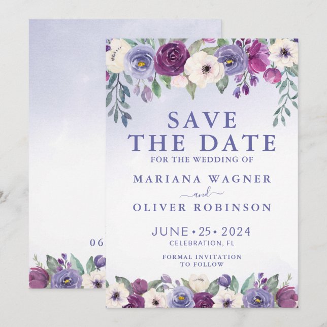 Invitación Guardar la fecha Periwinkle Fuchsia Rubor Floral (Anverso / Reverso)