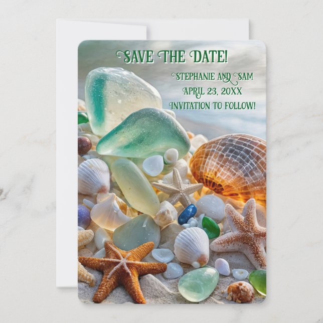 Invitación Guardar la Fecha Playa Conchas de Vidrio Hermoso (Anverso)