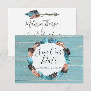 Invitación Guardar La Fecha Plumas Turquesas Rústicas Flecha 
