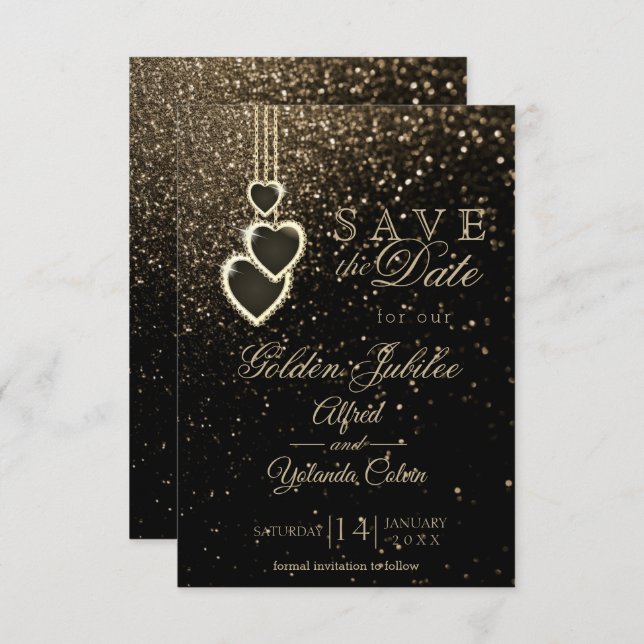 Invitación Guardar la fecha - Purpurina de oro  (Anverso / Reverso)