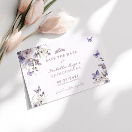 Invitación Guardar La Fecha Quinceañera Morado Mariposa Flora