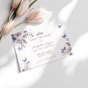 Invitación Guardar La Fecha Quinceañera Morado Mariposa Flora