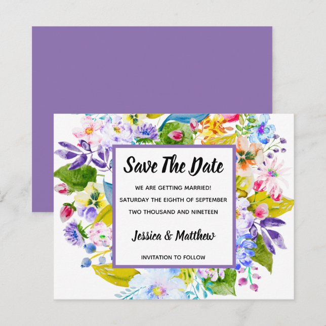 Invitación Guardar la fecha romántico floral púrpura (Anverso / Reverso)