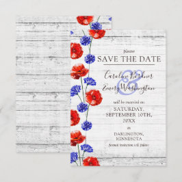 Invitación Guardar La Fecha Rustic Wood Red Poppy Floral Card