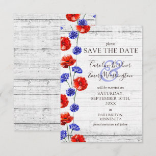 Invitación Guardar La Fecha Rustic Wood Red Poppy Floral Card