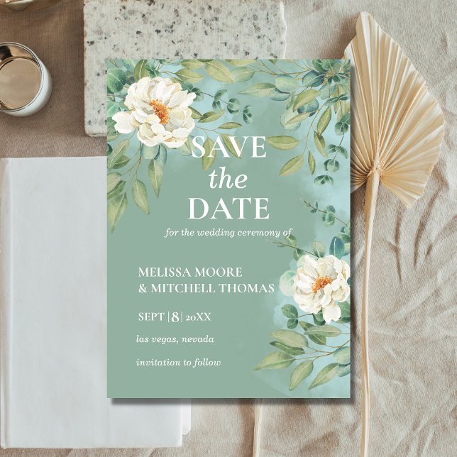 Invitación Guardar la fecha sabio de plata eucalipto flor bla (Subido por el creador)