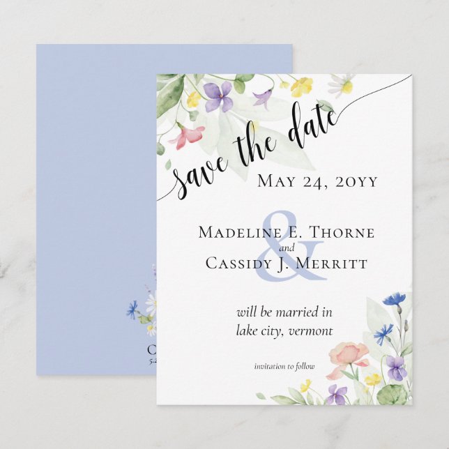 Invitación Guardar la fecha simple acuarela Boda de Flor silv (Anverso / Reverso)