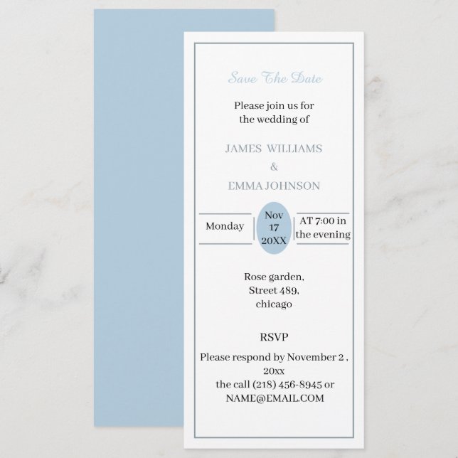 Invitación Guardar la fecha simple azul claro (Anverso / Reverso)