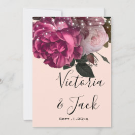 Invitación guardar la fecha String Lights Burgundy Flowers