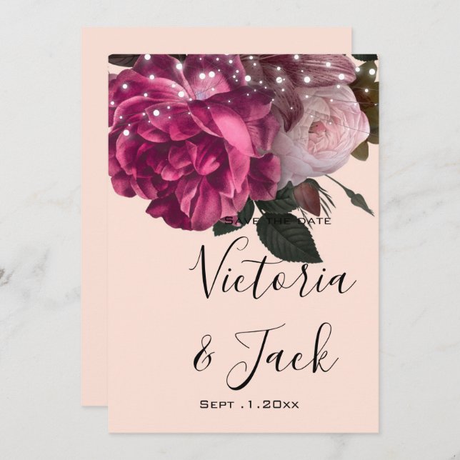 Invitación guardar la fecha String Lights Burgundy Flowers (Anverso / Reverso)