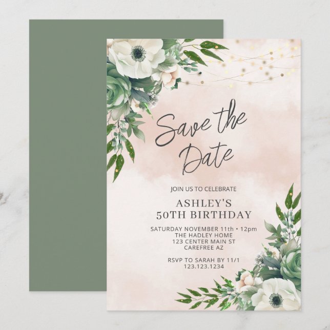Invitación Guardar la fecha Verde Salvia 50 cumpleaños (Anverso / Reverso)
