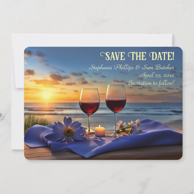 Invitación Guardar la fecha Vino en la playa Atardecer (Anverso)