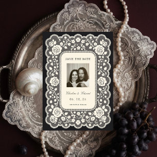 Invitación Guardar la fecha vintage de encaje negro