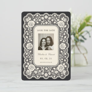 Invitación Guardar la fecha vintage de encaje negro