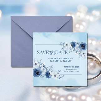 Invitación Guardar La Floral De Acuarela Azul Del Boda De Fec