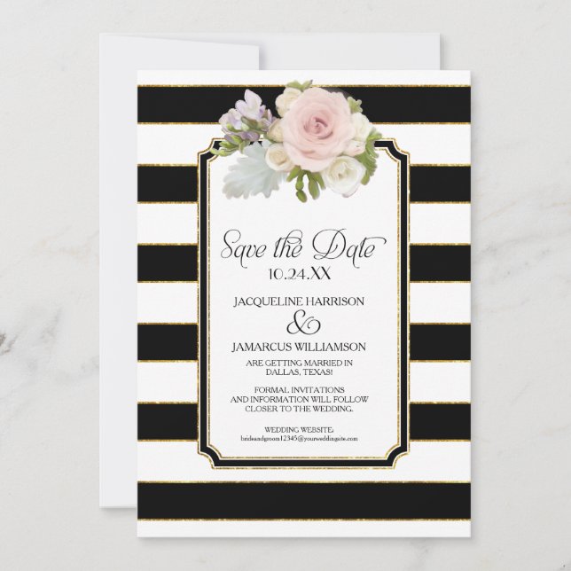 Invitación Guardar la foto de fecha banda ancha Floral de oro (Anverso)