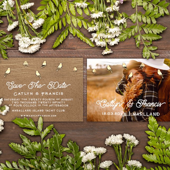 Invitación Guardar la foto de fecha Gold Kraft Black Birds Di (Save The Date Photo Gold Kraft Black Birds Digital Invitation)