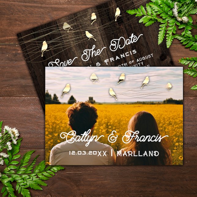 Invitación Guardar la foto del presupuesto para aves del país (Save The Date Photo Gold Wood Country Bird Budget Invitation)