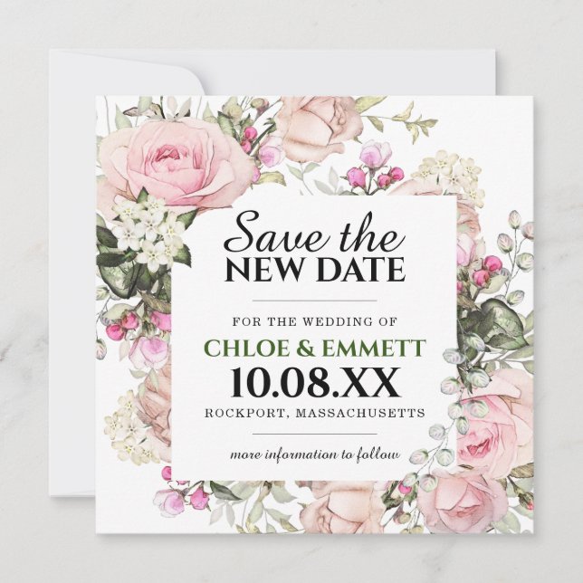 Invitación Guardar la nueva fecha de la boda con flores rosad (Anverso)