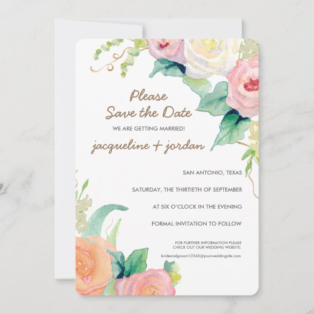 Invitación Guardar los Rosas florales de acuarela moderna de  (Anverso)