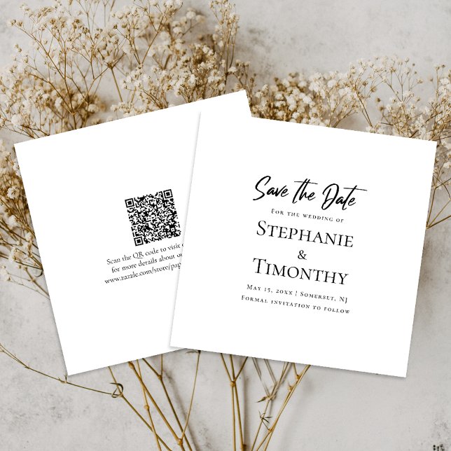 Invitación Guardar Mínimo La Fecha Código QR Boda Blanco Negr (Save time and reduce wedding planning stress with this QR code Save the Date card.)
