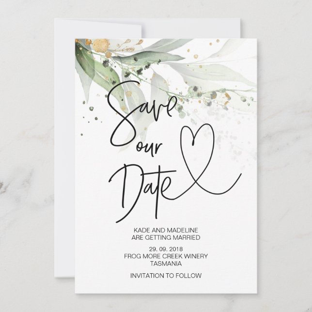 Invitación Guardar nuestra cita elegante Boda de Eucalipto Ve (Anverso)