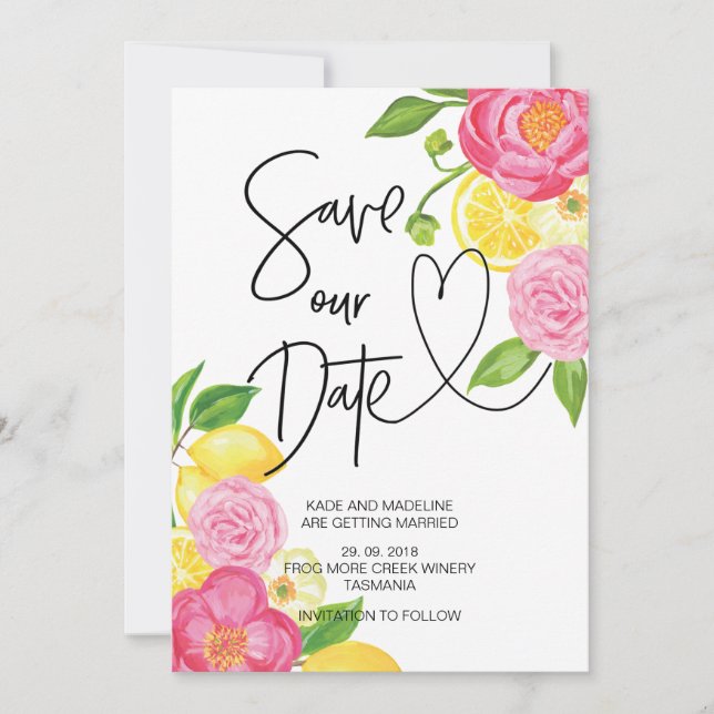 Invitación Guardar nuestra fecha de boda rosa y limón floral (Anverso)