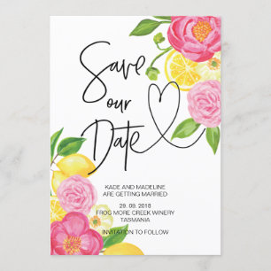 Invitación Guardar nuestra fecha de boda rosa y limón floral