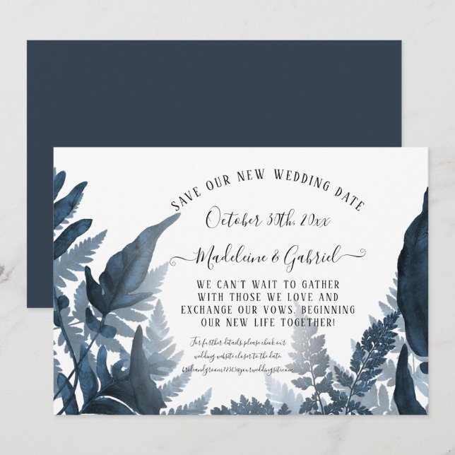 Invitación Guardar nuestra nueva fecha de boda Simple Navy Ve (Anverso / Reverso)