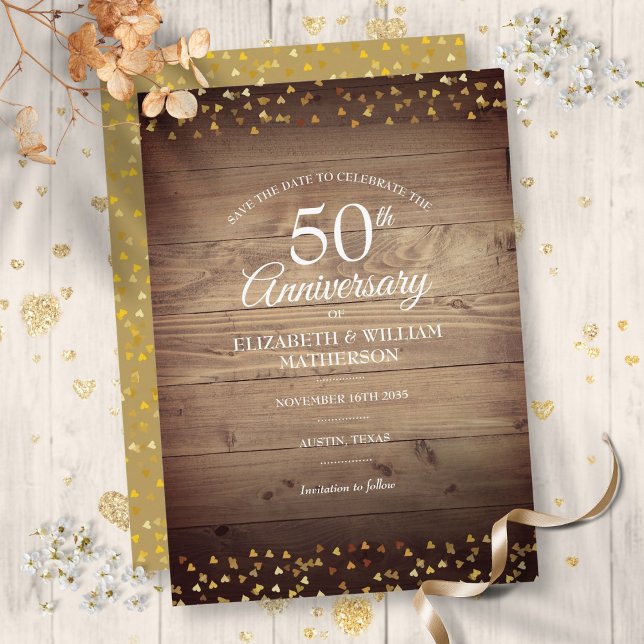 Invitación Guarde la fecha 50 aniversario Corazones de oro rú (Save the Date 50th Anniversary Rustic Gold Hearts Invitation)