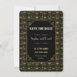 Invitación Guarde la Fecha | Arte Deco Dorado Negro Rugiente 