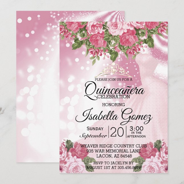 Invitación Guata y flores de la mauve rosada de Quinceañera (Anverso / Reverso)
