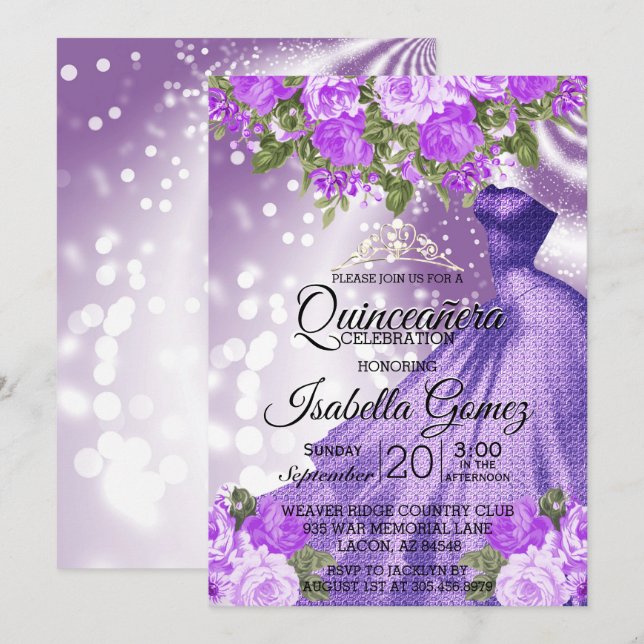 Invitación Guata y flores púrpura de Quinceañera (Anverso / Reverso)