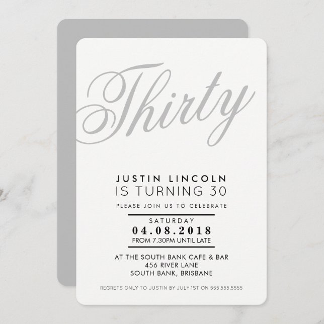 Invitación GUAY 30TH fiesta de cumpleaños INVITE script gris  (Anverso / Reverso)
