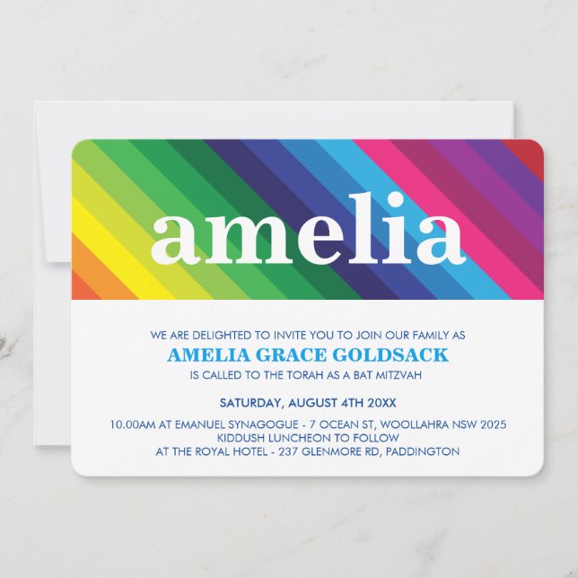 Invitación GUAY BAT MITZVAH llamativa banda de arco iris colo (Anverso)