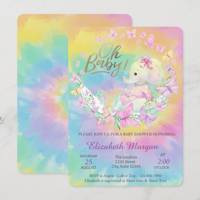 Invitación Guay Butterflies Elephant Tie Dye Baby Shower (Anverso / Reverso)