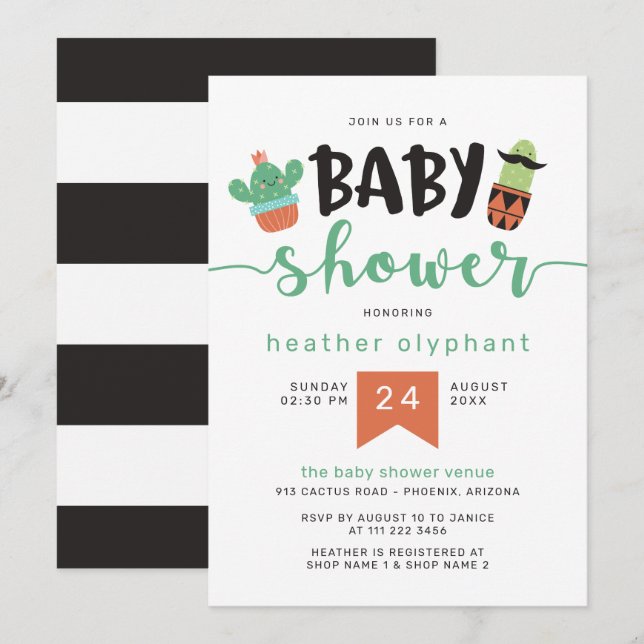Invitación Guay Cactus Baby Shower verde negro (Anverso / Reverso)