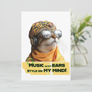 Invitación Guay Cat Vibes Hipster Kitty con audífonos