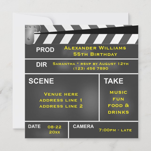 Invitación Guay Clapper Board 55th Birthday (Anverso)