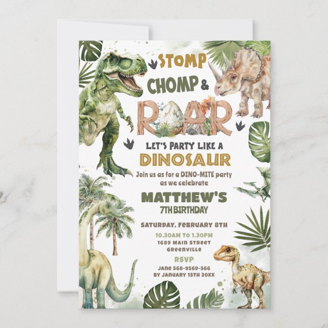 Invitación Guay Dinosaurios Jurassic Greenery Roarsome Cumple (Anverso)