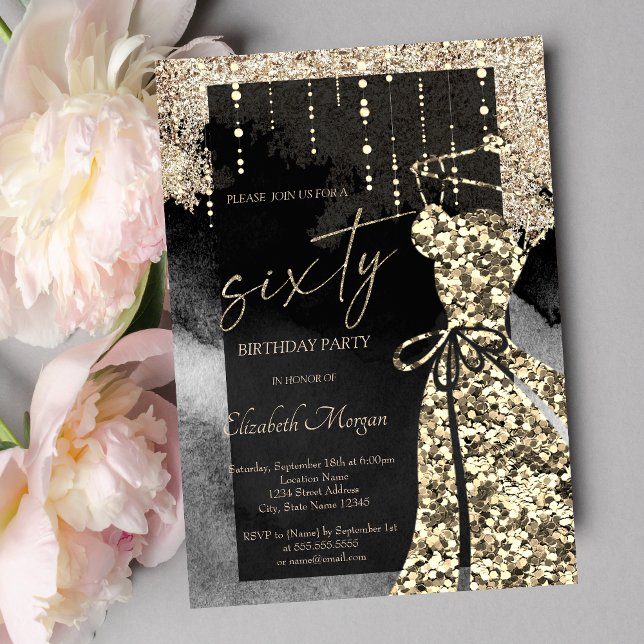Invitación Guay Gold Sequins Vestido el cumpleaños 60 (Subido por el creador)