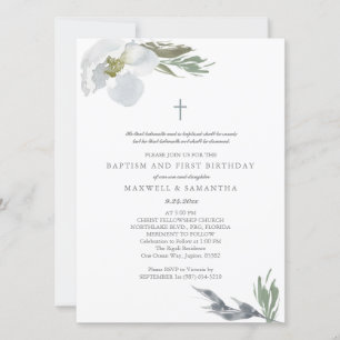 Invitación Guay Gris Watercolor Florals Twins Baptism