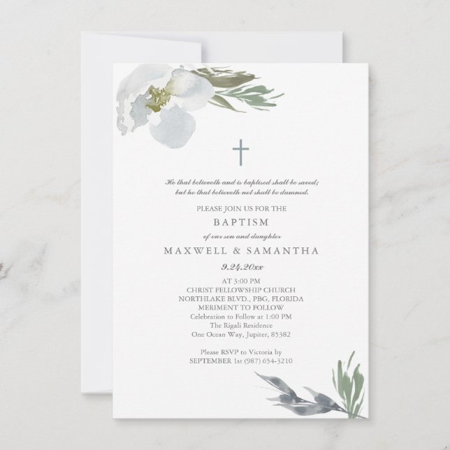 Invitación Guay Gris Watercolor Florals Twins Baptism (Anverso)
