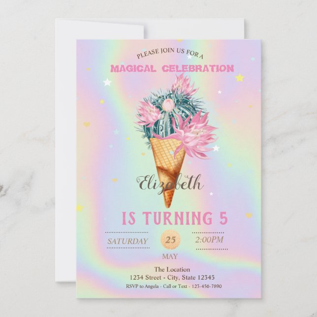Invitación Guay Ice Crema Cactus Holographic Cumpleaños (Anverso)