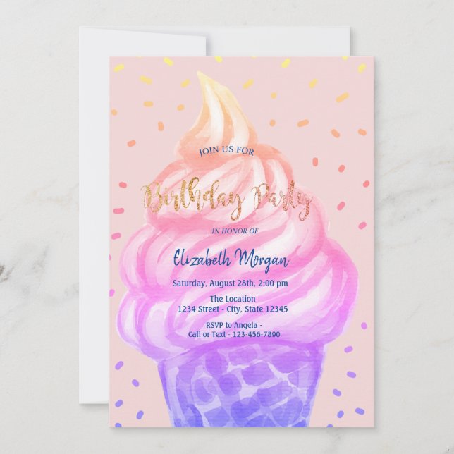 Invitación Guay Ice crema Cone Pink Birday Party (Anverso)