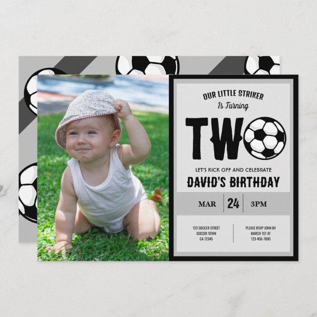 Invitación Guay Little Striker Soccer Photo 2º cumpleaños (Anverso / Reverso)