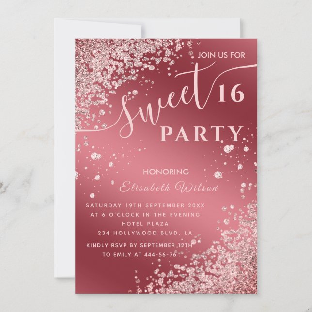 Invitación Guay moderno diamante rosa de lujo oro dulce 16 in (Anverso)