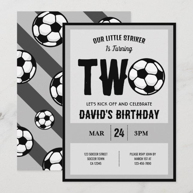 Invitación Guay Moderno Little Striker Soccer 2º cumpleaños (Anverso / Reverso)